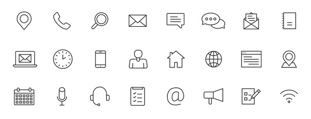 Poster - Set of 24 Contact Us web icons in line style. Web and mobile icon. Chat, support, message, phone. Vector illustration.