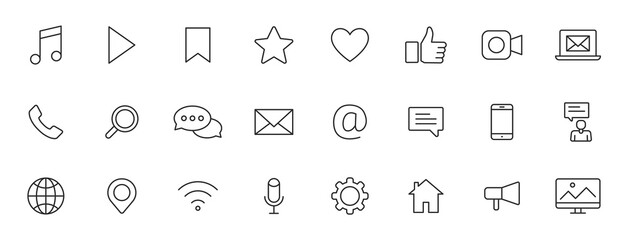Poster - Set of 24 Social Media web icons in line style. Contact, digital, social networks, technology, website. Vector illustration.