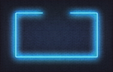 Wall Mural - Neon frame sign. Realistic blue signboard glowing design template