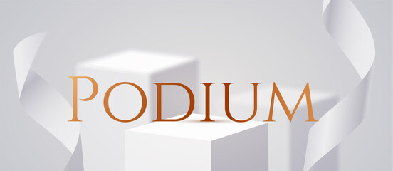 Wall Mural - 3d realistic white square podium with soft light and ribbon. cube showcase. product display