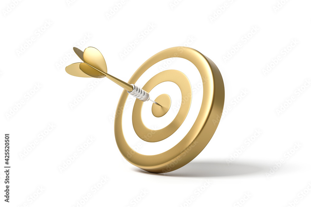 Golden arrow aim to dartboard target or goal of success isolated on white background with complete achievement concept. 3D rendering. - obrazy, fototapety, plakaty 
