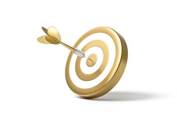 Golden arrow aim to dartboard target or goal of success isolated on white background with complete achievement concept. 3D rendering.