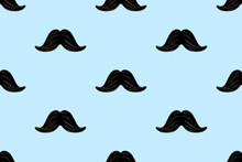 Black Mustache Seamless Pattern On A Blue Background. Happy Father's Day And Masculinity Concept. Retro Stylish Design For Wrapping Paper, Fabrics, Man Textiles, Clothes For A Boy