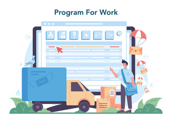 Wall Mural - Postman profession online service or platform. Post office staff providing