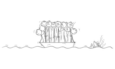 Sticker - Group of People or Businessmen Standing Helplessly on Small Lifeboat, Ocean Ship is Sinking on Background. Vector Cartoon Stick Figure Illustration