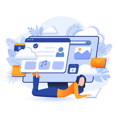 Aufkleber - Data storage technology scene. Woman works with files in cloud storage at laptop. Wireless tech, online services, digital protection concept. Vector illustration of people characters in flat design
