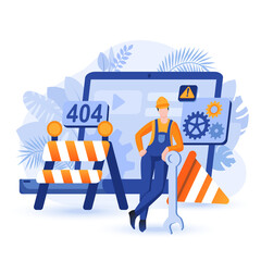 Aufkleber - Website under construction scene. Builder stands with huge spanner among safety barriers. Web page unavailable, renovations in progress concept. Vector illustration of people characters in flat design