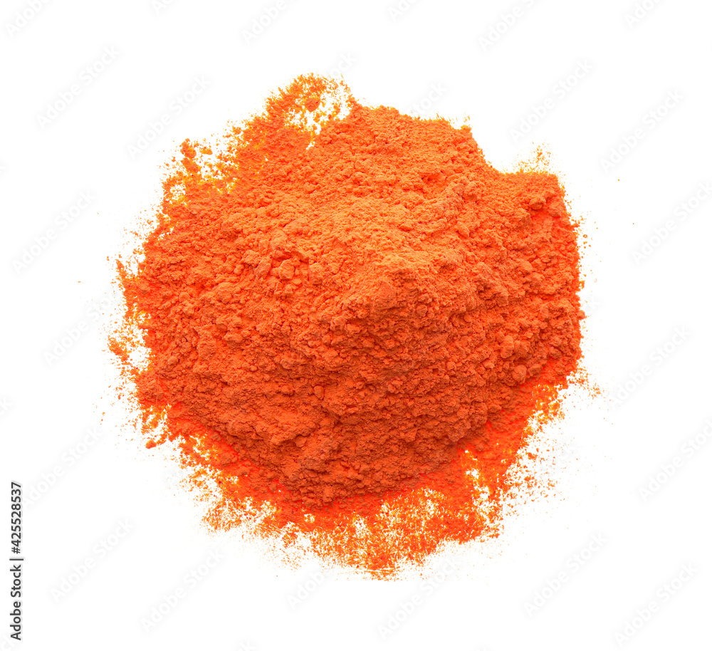 Orange Round Container Powder Pile of orange powder isolated on white, top view. Holi festival ...
