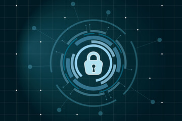 Poster - Hologram lock on blue background, abstract picture, data safety and internet safety concept. 3d rendering