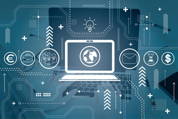 Poster - White computer icon, dark blue background, cup, head, book, lightbulb signs, laptop on the table in the second layer, worldwide education concept