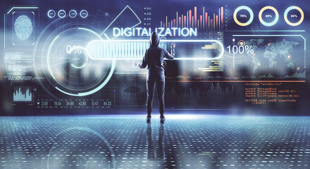 Poster - Digitalization concept with human back working in virtual reality room with stats data indicators on digital screen