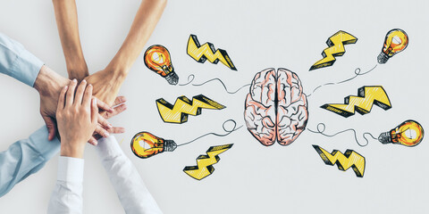 Aufkleber - Brainstorming concept with business people hands on white surface and handwritten brain parts, light bulbs and lightning symbols.