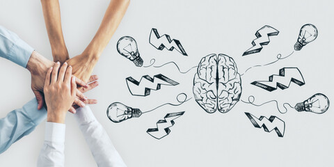 Aufkleber - Startup concept with human hands on white surface and handwritten sketch of brain parts, light bulbs and lightning symbols.