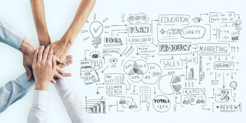 Aufkleber - Business plan concept with human hands in a pile and handwritten sketch of business indicators and steps on light surface.