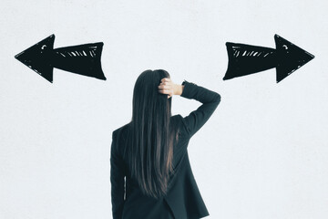Poster - Choice way concept with businesswoman looking at white wall with handwritten black opposite looking arrows.