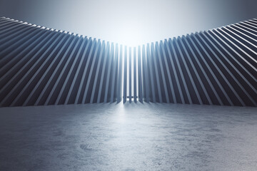 Stylish abstract design with domino effect wall and blank concrete wall. 3D rendering, mockup