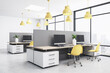 Bright empty coworking space with computers, yellow chairs, big windows, white concrete floor and ceiling, work space interior concept. 3d rendering