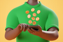 Cartoon Character African American Man In Green T-shirt Holding Smartphone With Bitcoins Over Yellow Background. Blockchain Technology Concept.