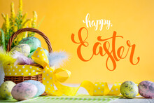 Happy Easter. Congratulatory Easter Background. Easter Eggs And Flowers. Selective Focus. .Horizontal