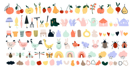 Cute hand drawn spring icons, garden tools, fruits, vegetables, chickens, hares, bees, butterflies. Cozy hygge scandinavian style for postcard, greeting card. Vector illustration in flat cartoon style