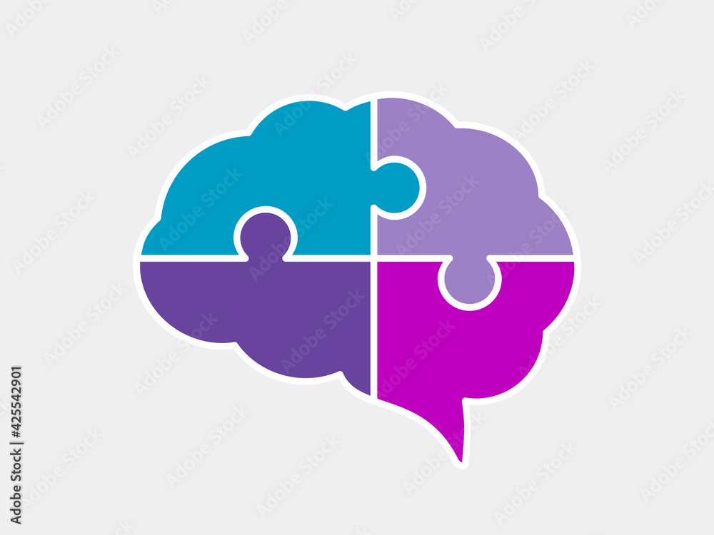 Brain puzzle icon. Colorful neurodiversity concept. Human mind complexity. Creativity and brainstorming. Emotional intelligence. Mental health balance. Jigsaw pieces. Vector illustration, clip art - obrazy, fototapety, plakaty 