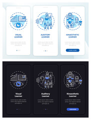 Learning styles onboarding mobile app page screen with concepts. Education strategy walkthrough 3 steps graphic instructions. UI, UX, GUI vector template with linear night and day mode illustrations