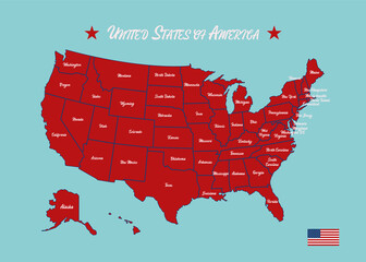 Canvas Print - Map of USA in red color on blue background with names of every state and american flag. Vector illustration eps 10