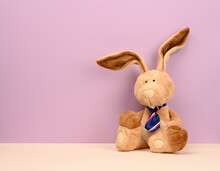 Funny Beige Plush Rabbit With Big Ears And Funny Face On A Purple Background