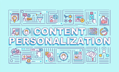 Content personalization word concepts banner. Creating unique product. Infographics with linear icons on blue background. Isolated typography. Vector outline RGB color illustration