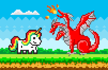 Poster - Rainbow unicorn and red three-headed dragon pixel art in nature landscape, fairytale character