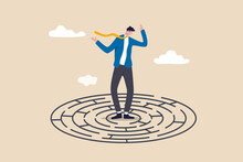 Solving Complex Business Problem, Difficulty Or Challenge To Overcome To Achieve Success Or Business Direction Concept, Confused Businessman In The Middle Of Maze Labyrinth Finding Exit Or The Way Out