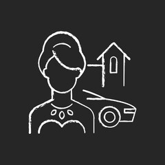 Sticker - Upper class chalk white icon on black background. Woman of high status in society. Luxury lifestyle. Party for wealthy, rich person. Social type. Isolated vector chalkboard illustration