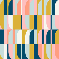 Poster - Mid-century geometric abstract vector seamless pattern with simple shapes and retro color palette. Simple composition for web design, branding, invitations, posters, textile and wallpaper.