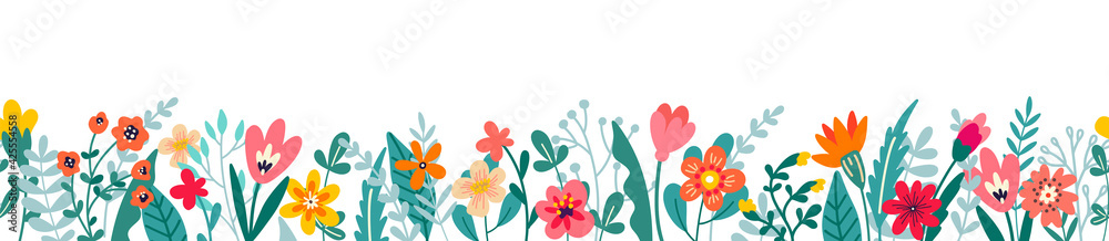 Cute horizontal banner with hand drawn blooming flowers. Floral seamless patterns border. Vector illustration on white background - obrazy, fototapety, plakaty 
