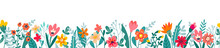 Cute Horizontal Banner With Hand Drawn Blooming Flowers. Floral Seamless Patterns Border. Vector Illustration On White Background