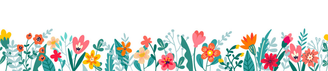 Cute horizontal banner with hand drawn blooming flowers. Floral seamless patterns border. Vector illustration on white background