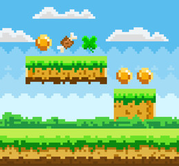 Aufkleber - Pixel-game scene with grass, ground platforms and awards for player golden coins, meat bone and leaf