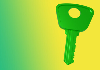 Poster - Green three-dimensional key on a light background. Three-dimensional model of clue. Place for an inscription next to clue. Concept - sale of locks and keys. 3d rendering of door key.