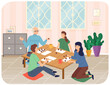 © robu_s - Family mother, daughter, grandparents sitting at table playing board game or tabletop game lotto