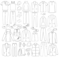 Sticker - vector, isolated, contour, sketch mens clothing, set, collection