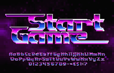 Poster - Start Game alphabet font. Pixel letters, numbers and punctuations. Pixel background. 80s arcade video game typescript.