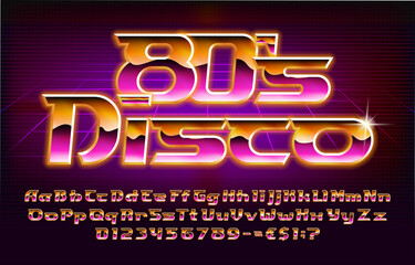 Poster - 80s disco alphabet font. glowing letters, numbers and punctuations in 80s style. uppercase and lower