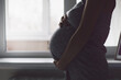 Happy Attractive pregnant woman standing near the window and holding her belly. Concepts of pregnancy. Healthcare Concept. Healthy Food Concepts. Relaxing at Home.