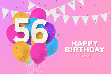 Happy 56th birthday with green balloons greeting card background. 56 years anniversary. 56th celebrating with confetti. 