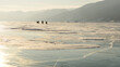 Silhouettes of byciclists on Baikal lake in winter. Irkutsk Region, Russia
