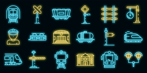 Poster - Railway station icons set. Outline set of railway station vector icons neon color on black