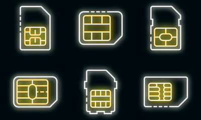 Poster - Sim phone card icons set. Outline set of sim phone card vector icons neon color on black