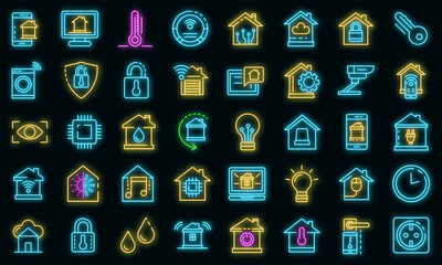 Poster - Smart home icons set. Outline set of smart home vector icons neon color on black
