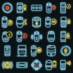 Poster - Smart speaker icons set. Outline set of smart speaker vector icons neon color on black