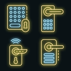 Poster - Wireless door lock icons set. Outline set of wireless door lock vector icons neon color on black